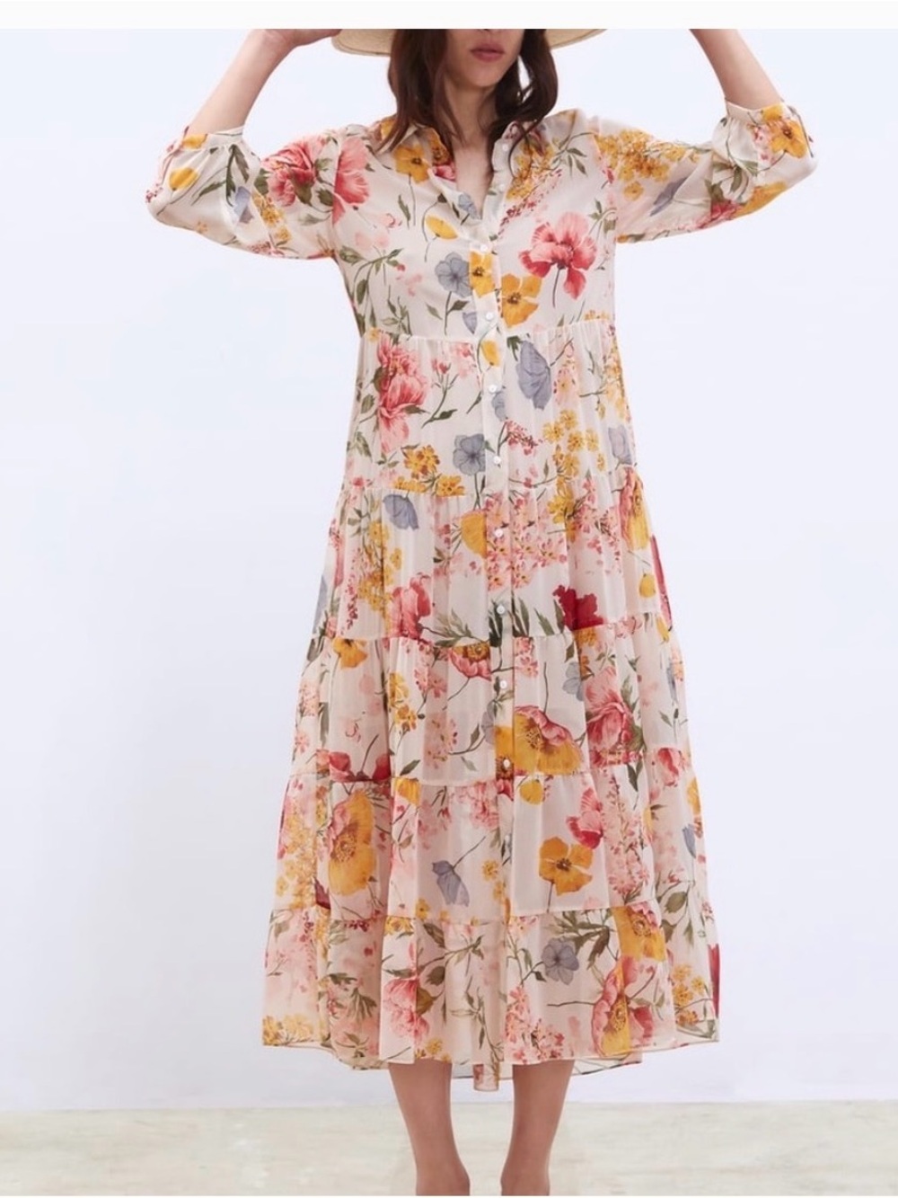 Zara Floral Button-Front Tiered Maxi Dress - Cream with Pink & Yellow Blossoms